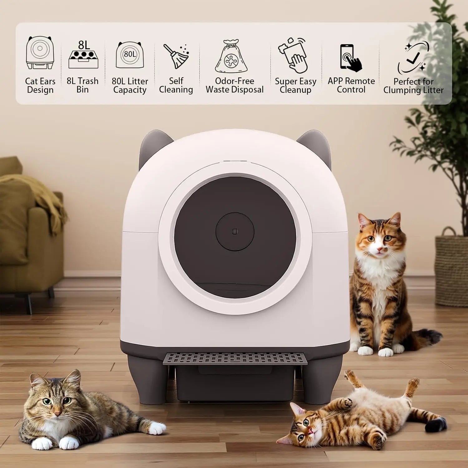 KFX-152723 Intelligent Self-Cleaning Cat Litter Box with Anti-Pinch Safety and App Connectivity, 80L Capacity