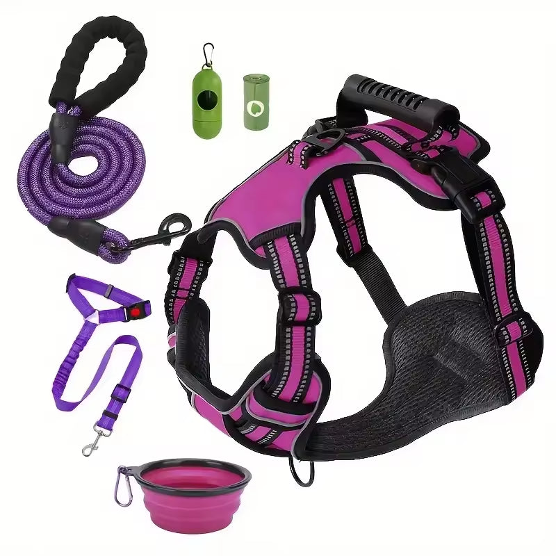 KFX-1529405 Multi-Functional Tactical Dog Harness Set with Adjustable Strap, Car Seat Belt, Dog Bowl, and Eco-Friendly Trash Bags
