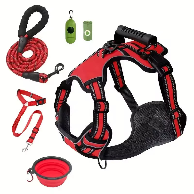 KFX-1529405 Multi-Functional Tactical Dog Harness Set with Adjustable Strap, Car Seat Belt, Dog Bowl, and Eco-Friendly Trash Bags