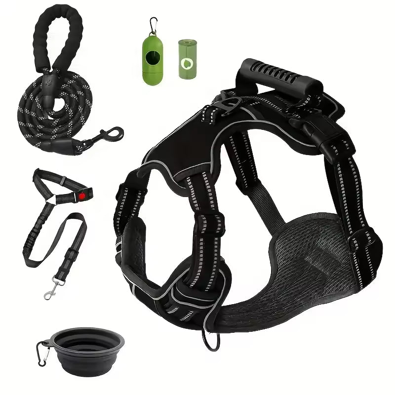 KFX-1529405 Multi-Functional Tactical Dog Harness Set with Adjustable Strap, Car Seat Belt, Dog Bowl, and Eco-Friendly Trash Bags