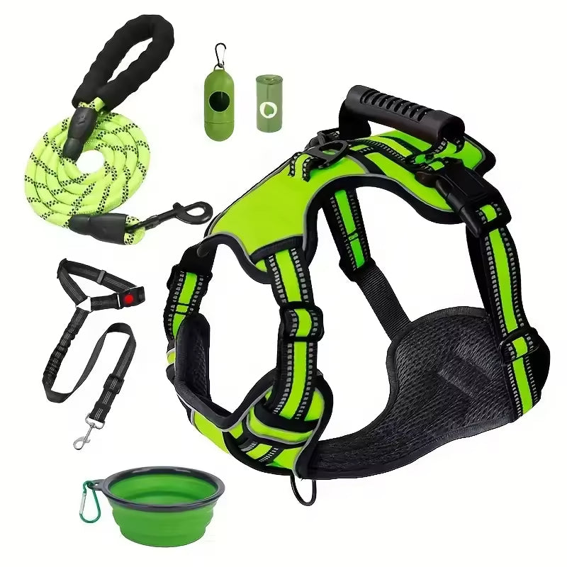 KFX-1529405 Multi-Functional Tactical Dog Harness Set with Adjustable Strap, Car Seat Belt, Dog Bowl, and Eco-Friendly Trash Bags