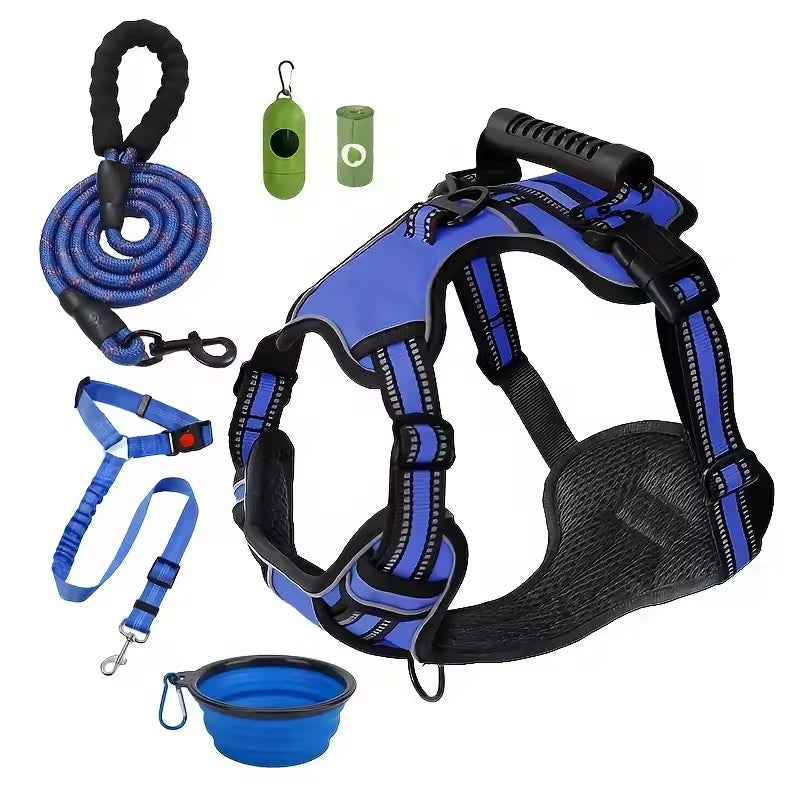 KFX-1529405 Multi-Functional Tactical Dog Harness Set with Adjustable Strap, Car Seat Belt, Dog Bowl, and Eco-Friendly Trash Bags