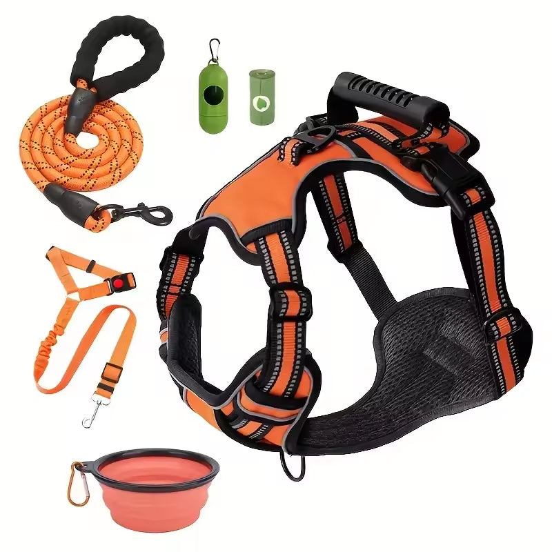 KFX-1529405 Multi-Functional Tactical Dog Harness Set with Adjustable Strap, Car Seat Belt, Dog Bowl, and Eco-Friendly Trash Bags
