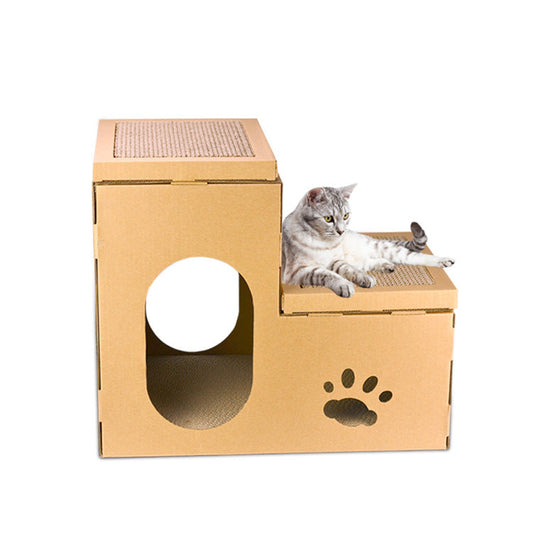 KFX-1529789 Cat House with Double Ladder, Cat Claw Grinding Disc, and Catnip Toy - Easy to Assemble, Ventilated Design