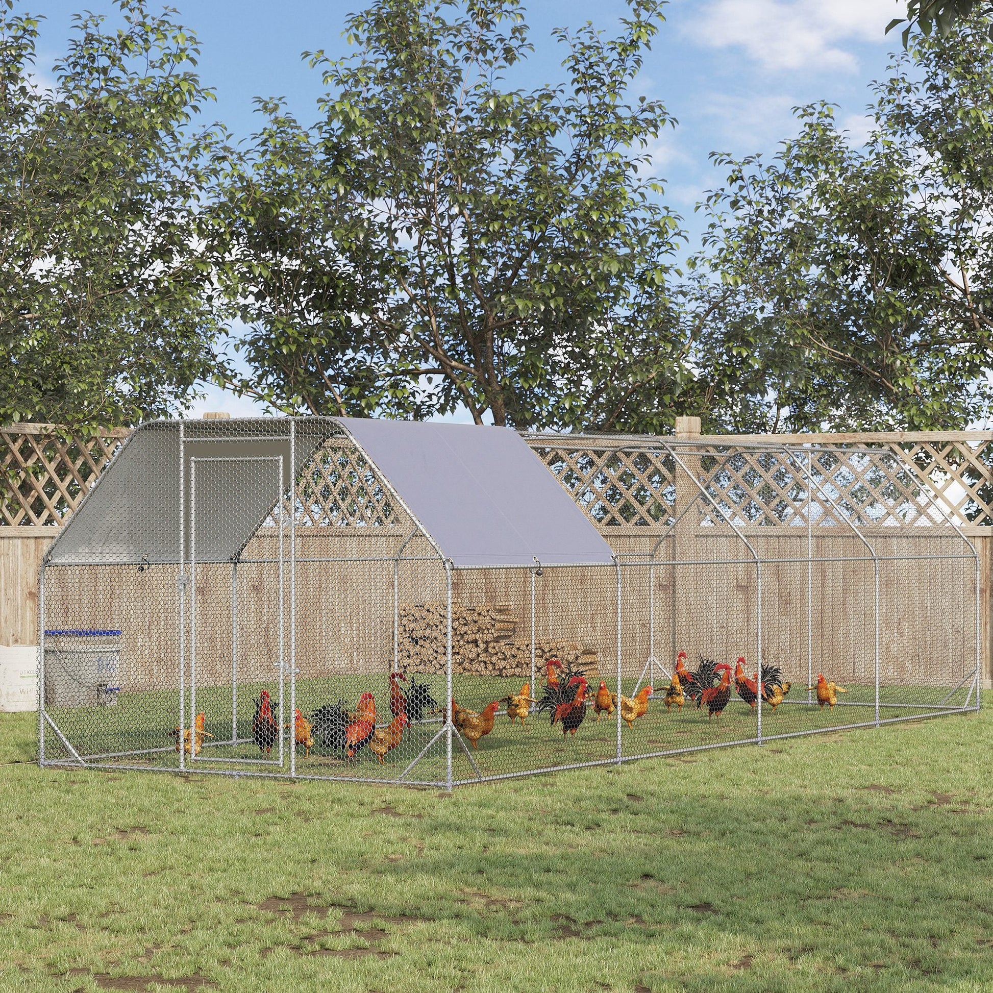 KFX-1533245 Large Metal Chicken Coop with Waterproof Cover, Walk-In Hen House and Run, 1" Tube Diameter - 9.2' x 24.9' x 6.4'