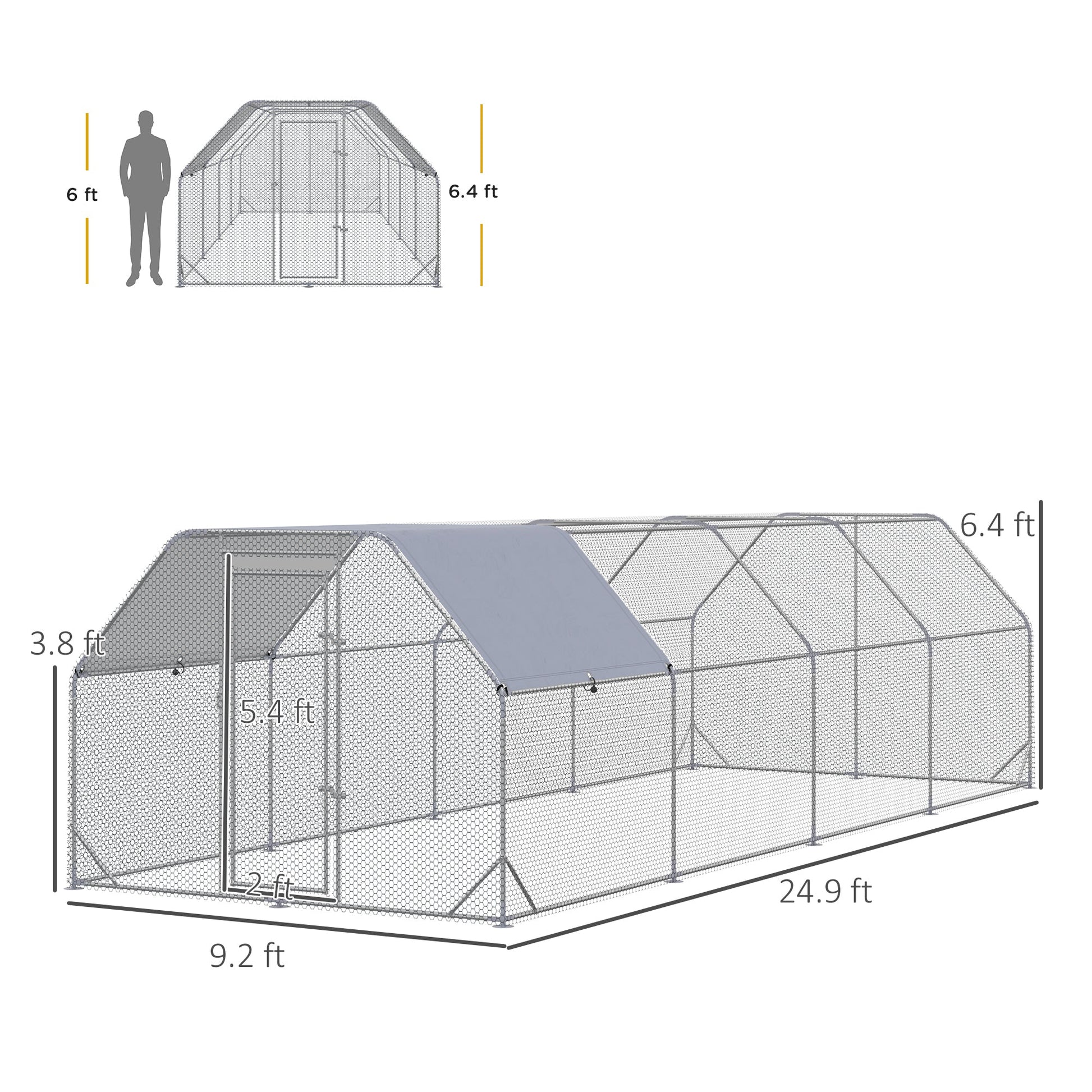 KFX-1533245 Large Metal Chicken Coop with Waterproof Cover, Walk-In Hen House and Run, 1" Tube Diameter - 9.2' x 24.9' x 6.4'