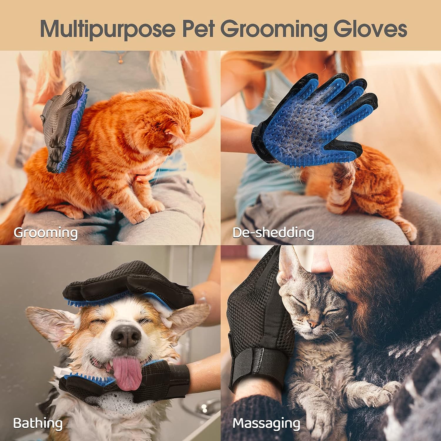 KFX-1536829 Pet Grooming Gloves with Soft Silicone Tips for Gentle Shedding and Bathing – Suitable for Dogs, Cats, and Horses
