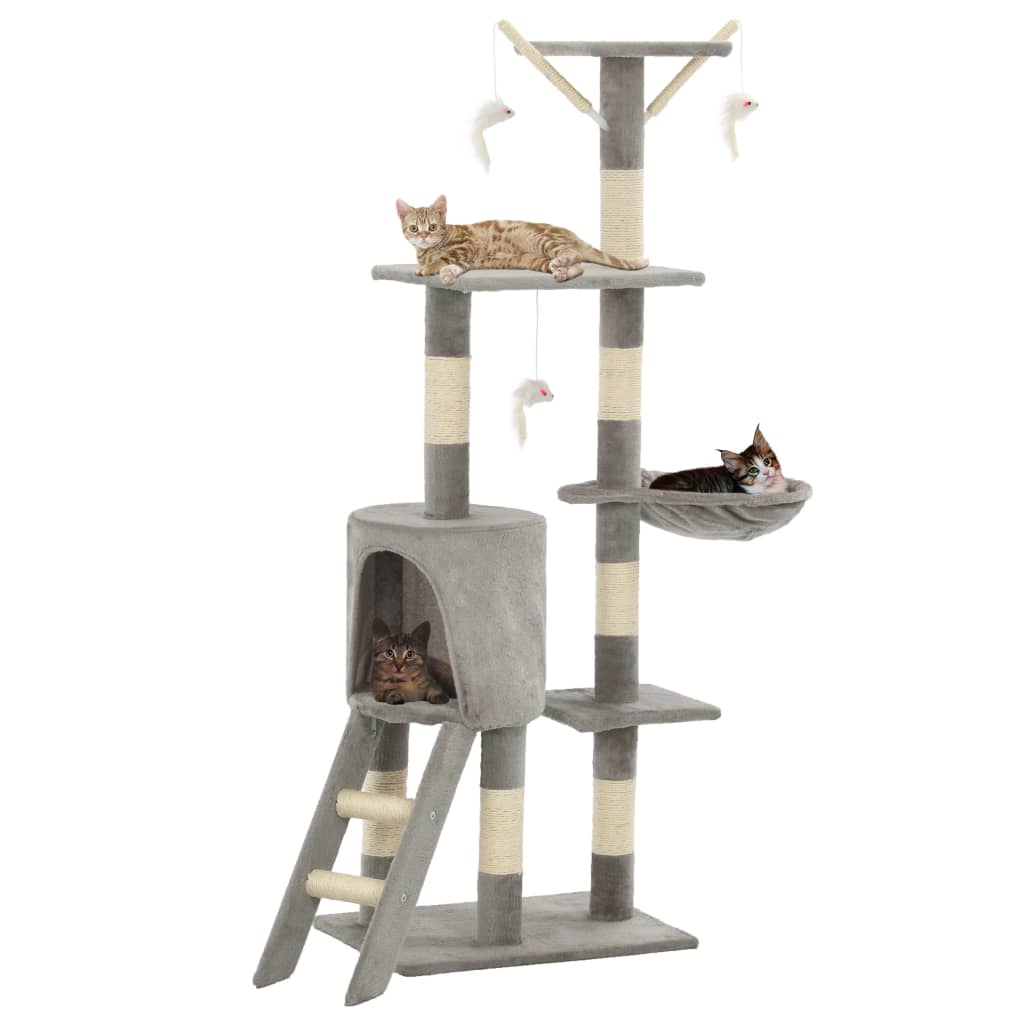 KFX-1538621 Cat Scratching Post with Sisal Rope and Plush Hideaways - 138 cm, Available in Beige, Dark Blue, Gray, and Paw Print Design