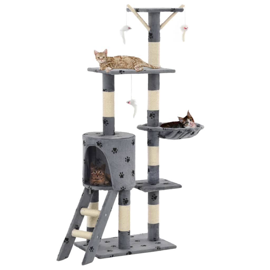KFX-1538621 Cat Scratching Post with Sisal Rope and Plush Hideaways - 138 cm, Available in Beige, Dark Blue, Gray, and Paw Print Design