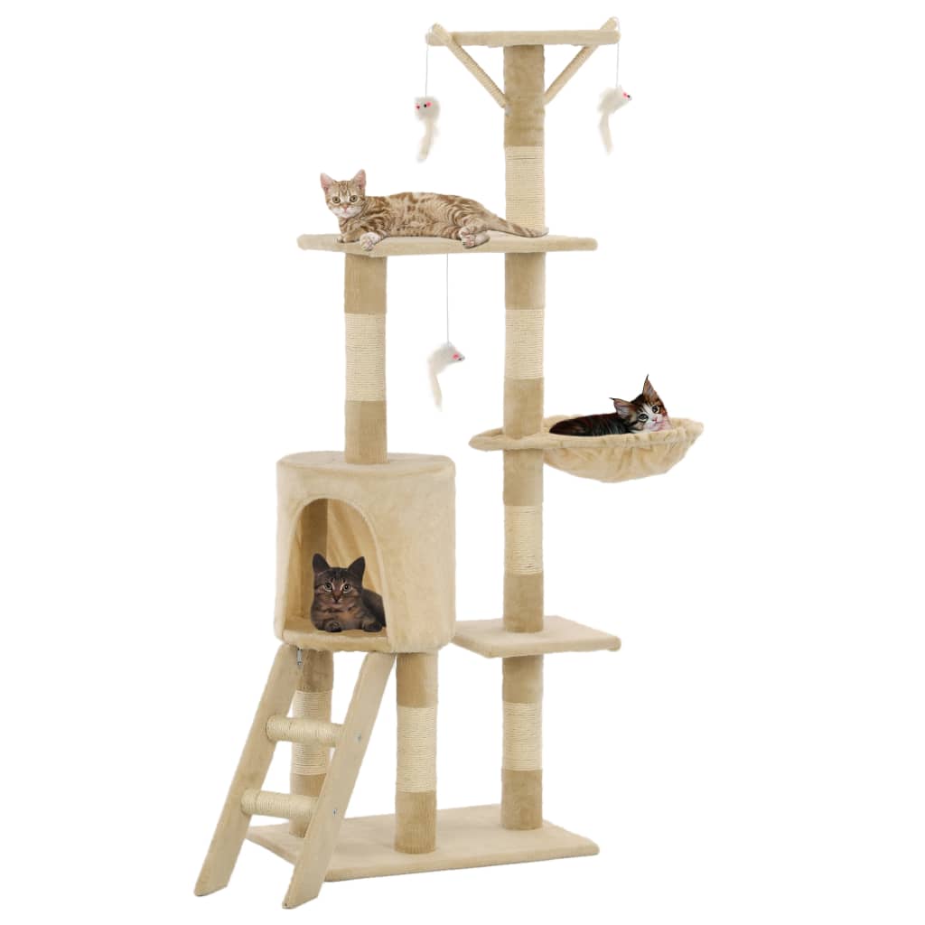KFX-1538621 Cat Scratching Post with Sisal Rope and Plush Hideaways - 138 cm, Available in Beige, Dark Blue, Gray, and Paw Print Design