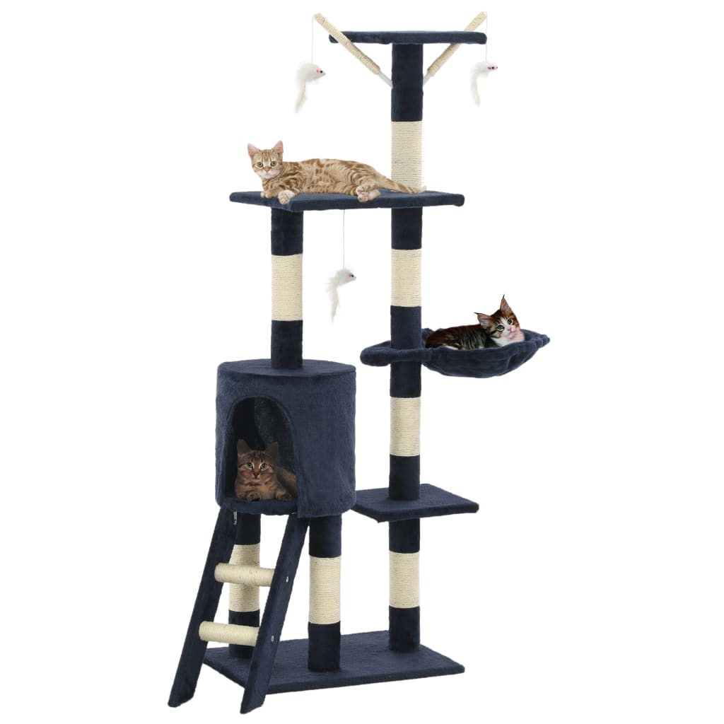 KFX-1538621 Cat Scratching Post with Sisal Rope and Plush Hideaways - 138 cm, Available in Beige, Dark Blue, Gray, and Paw Print Design