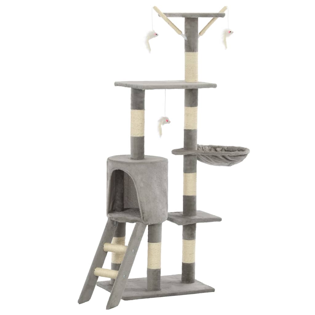 KFX-1538621 Cat Scratching Post with Sisal Rope and Plush Hideaways - 138 cm, Available in Beige, Dark Blue, Gray, and Paw Print Design
