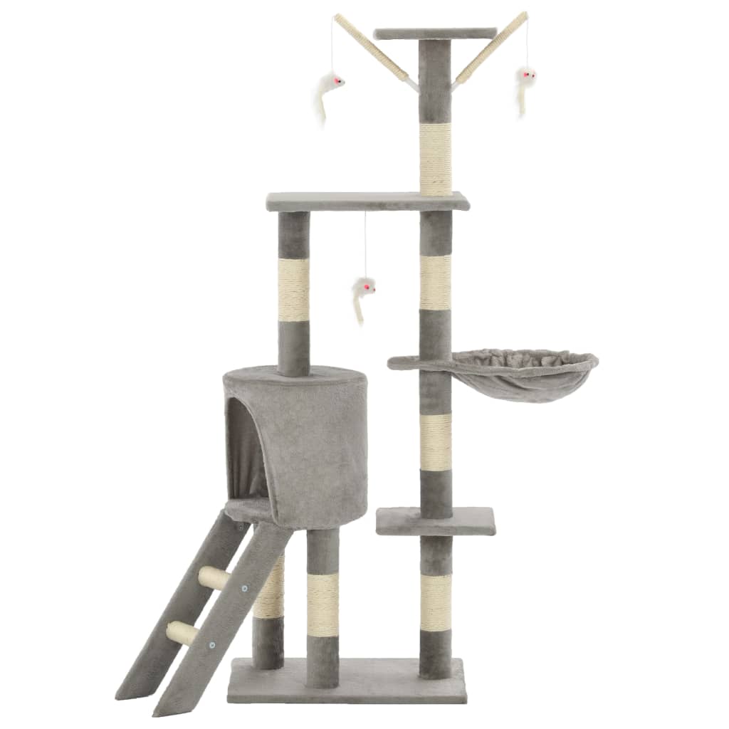 KFX-1538621 Cat Scratching Post with Sisal Rope and Plush Hideaways - 138 cm, Available in Beige, Dark Blue, Gray, and Paw Print Design
