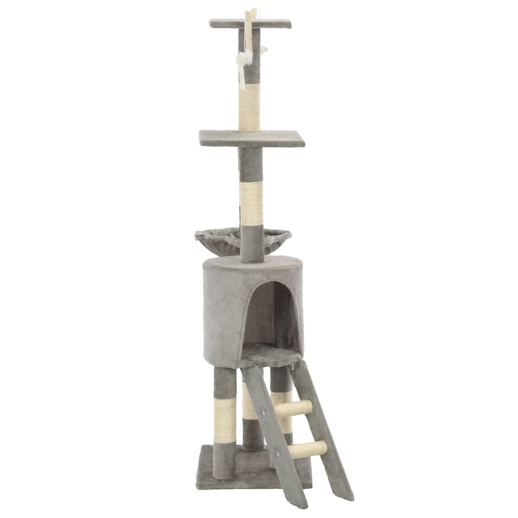 KFX-1538621 Cat Scratching Post with Sisal Rope and Plush Hideaways - 138 cm, Available in Beige, Dark Blue, Gray, and Paw Print Design