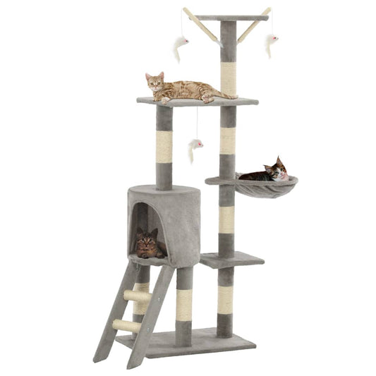 KFX-1538621 Cat Scratching Post with Sisal Rope and Plush Hideaways - 138 cm, Available in Beige, Dark Blue, Gray, and Paw Print Design
