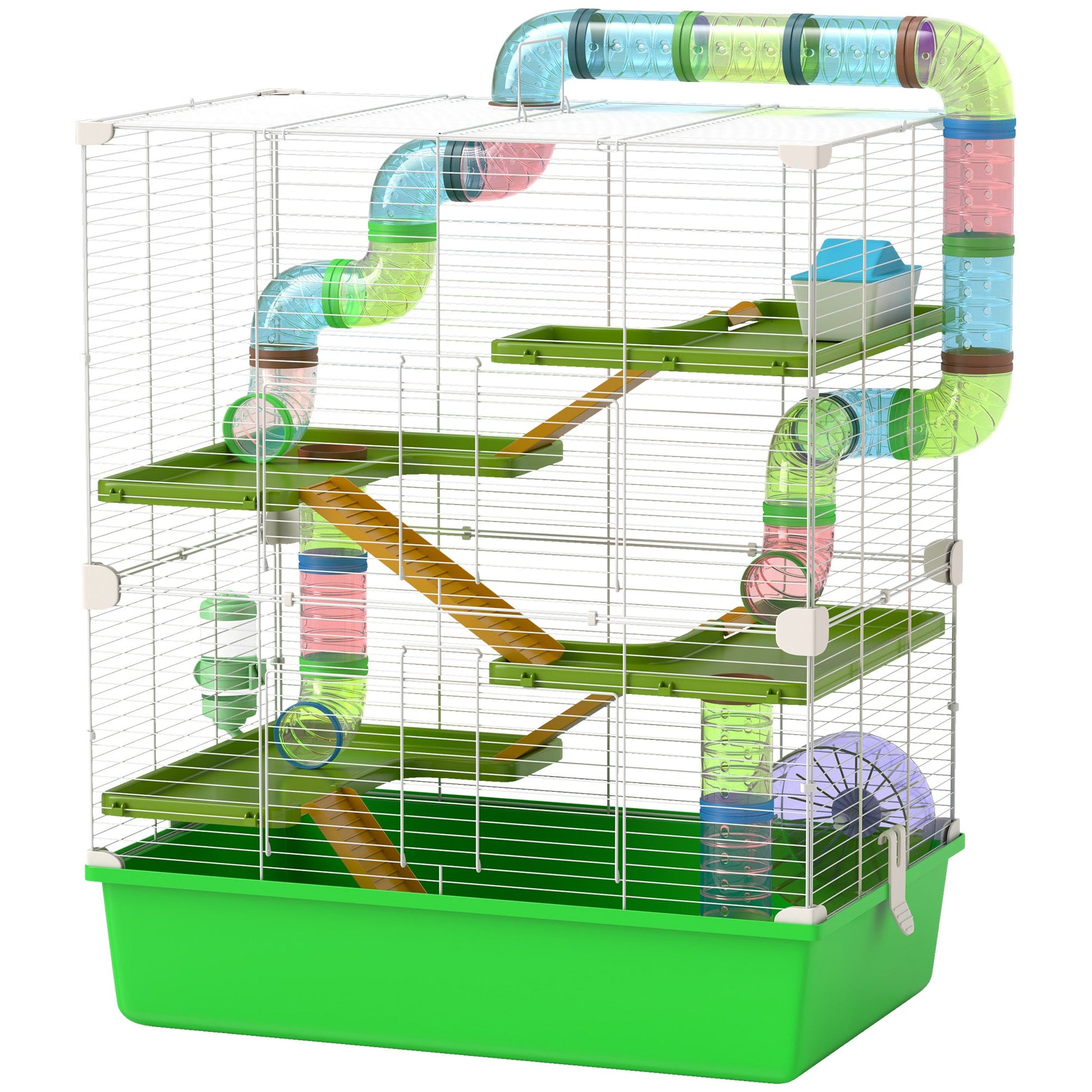 KFX-1539005 5-Tier Hamster Cage with Exercise Wheel and Water Bottle in Green and White