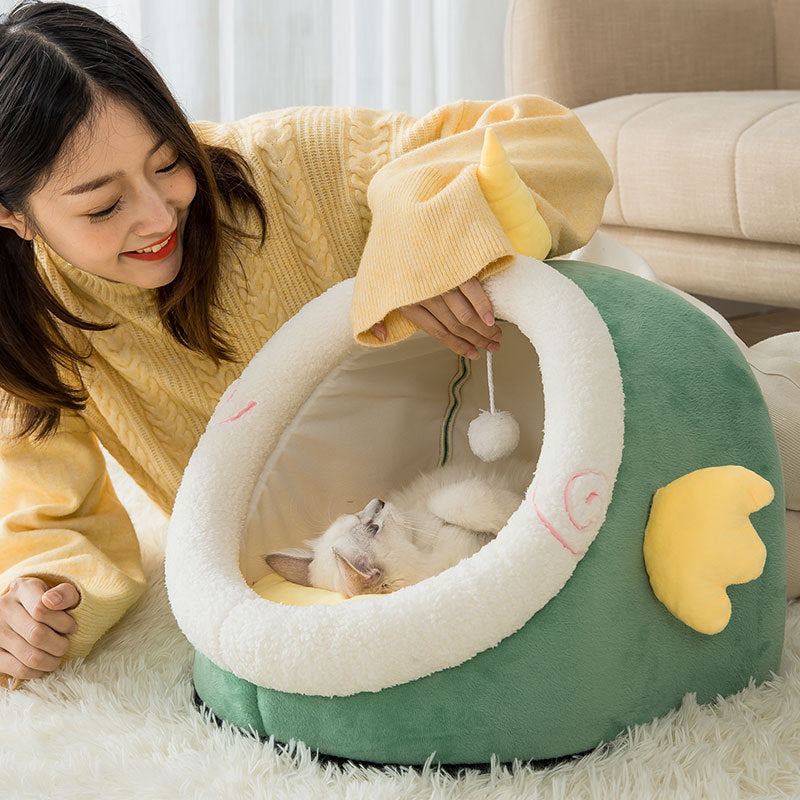 KFX-1539389 Cozy Animal-Shaped Semi-Enclosed Cat Bed for Autumn and Winter
