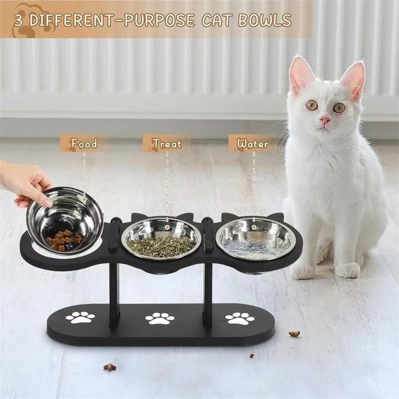 KFX-1546941 Adjustable Vertical Wooden Pet Feeder with Double Bowls - Black Dining Table