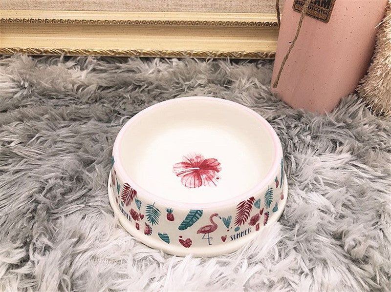 KFX-1551037 Tropical Rainforest Flamingo Ceramic Pet Bowl - Medium Size for Daily Use