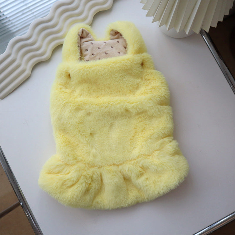 KFX-1551421 Warm Rabbit Fur Princess Skirt for Dogs - Double-Sided Yellow Floral Design