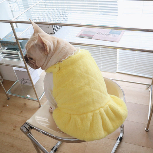 KFX-1551421 Warm Rabbit Fur Princess Skirt for Dogs - Double-Sided Yellow Floral Design