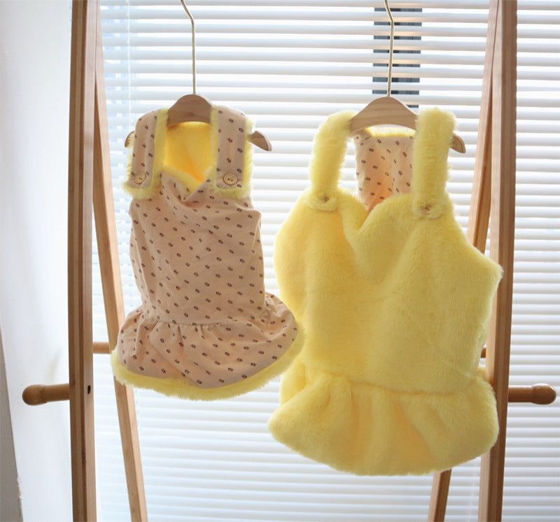 KFX-1551421 Warm Rabbit Fur Princess Skirt for Dogs - Double-Sided Yellow Floral Design