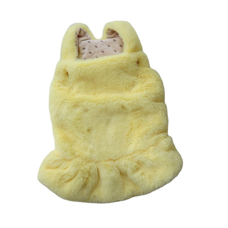 KFX-1551421 Warm Rabbit Fur Princess Skirt for Dogs - Double-Sided Yellow Floral Design