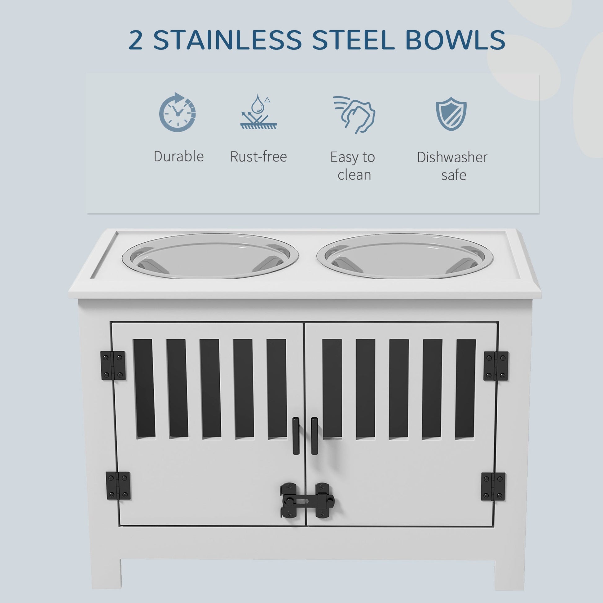 KFX-1556797 Dog Feeding Station with Storage Cabinet & Stainless Steel Bowls, White