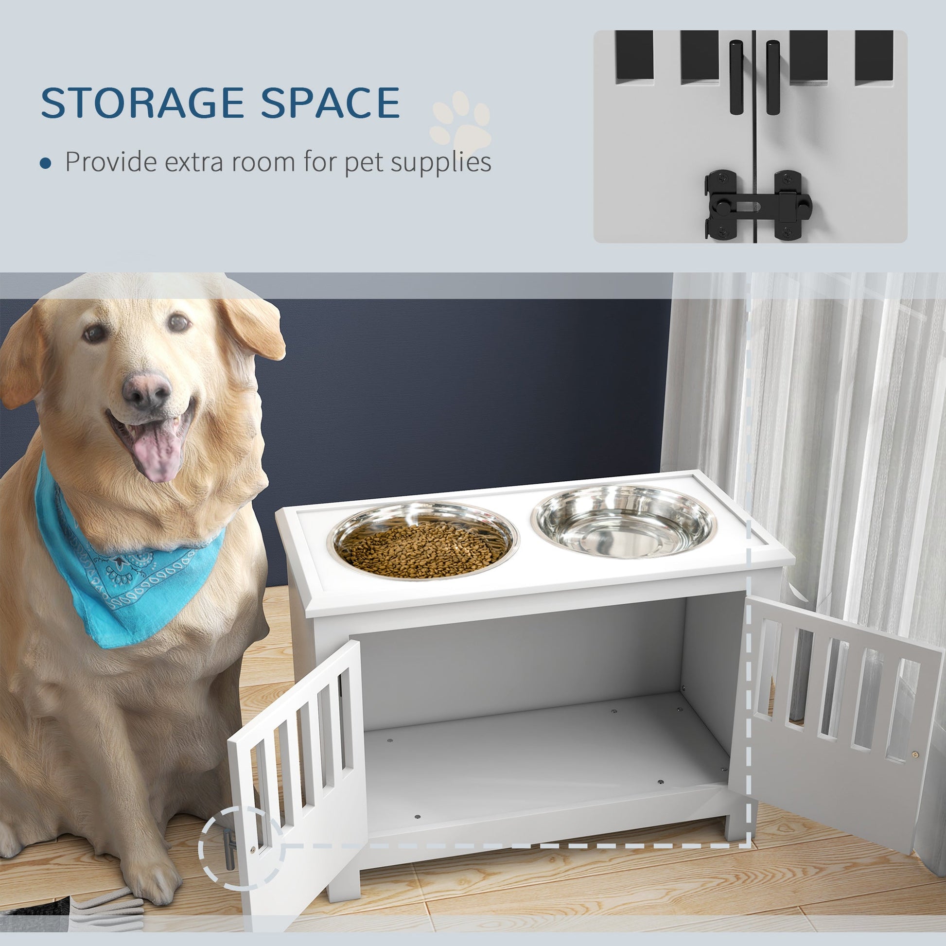 KFX-1556797 Dog Feeding Station with Storage Cabinet & Stainless Steel Bowls, White