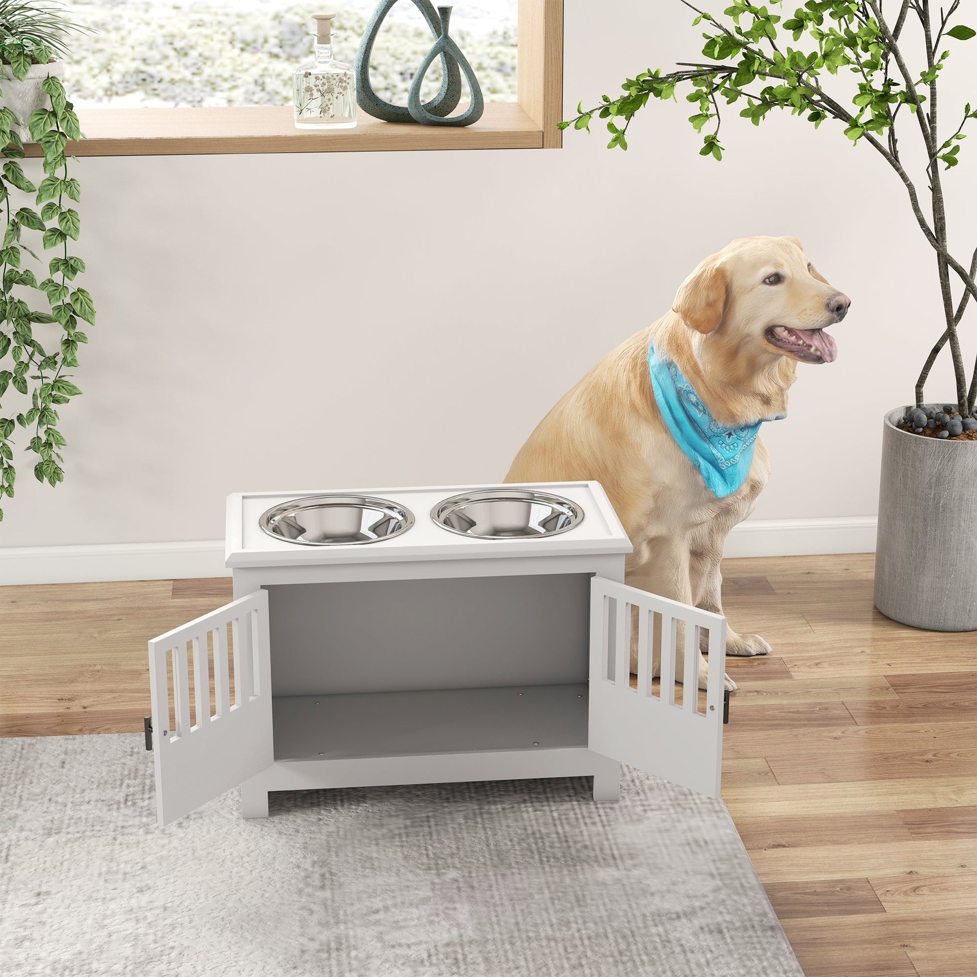 KFX-1556797 Dog Feeding Station with Storage Cabinet & Stainless Steel Bowls, White