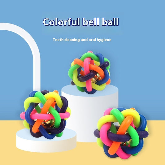 KFX-1557437 Colorful Woven Pet Toy Ball with Bell - Available in Rainbow and Macaron Colors, Multiple Sizes