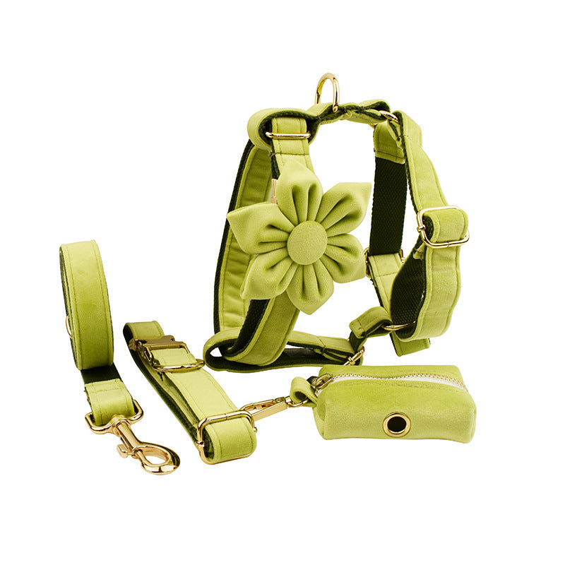 KFX-1558077 Soft Velvet Dog Collar Set with Rope, Bow, Flower, Vest, and Poop Bag