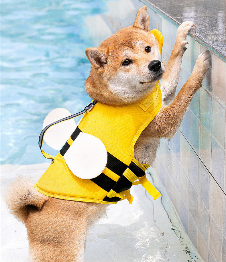 KFX-1564733 Cute Animal Shape Dog Life Jacket in Yellow Bee, Red Crab, White Swan Wings, Green Dinosaur, Blue-Yellow Stitching – Sizes XS to XXL