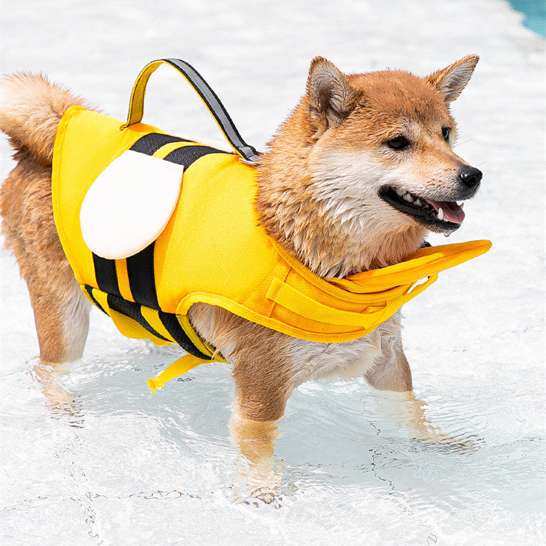 KFX-1564733 Cute Animal Shape Dog Life Jacket in Yellow Bee, Red Crab, White Swan Wings, Green Dinosaur, Blue-Yellow Stitching – Sizes XS to XXL
