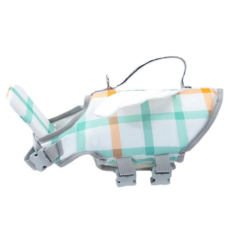 KFX-1564733 Cute Animal Shape Dog Life Jacket in Yellow Bee, Red Crab, White Swan Wings, Green Dinosaur, Blue-Yellow Stitching – Sizes XS to XXL