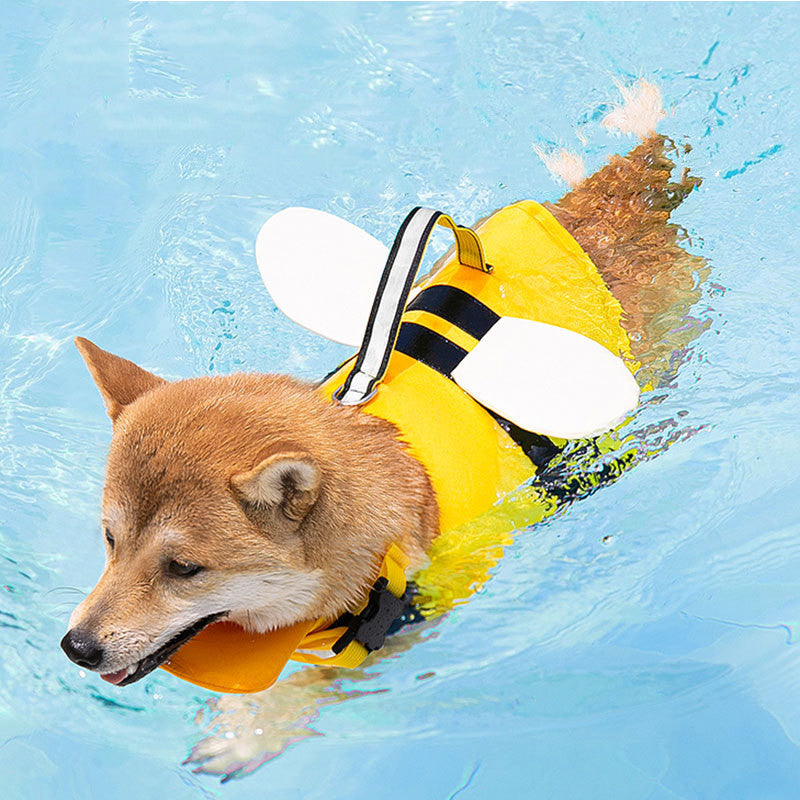 KFX-1564733 Cute Animal Shape Dog Life Jacket in Yellow Bee, Red Crab, White Swan Wings, Green Dinosaur, Blue-Yellow Stitching – Sizes XS to XXL