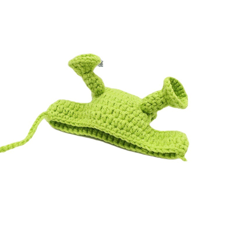 KFX-1567165 Green Plush Knitted Pet Hat for Spring and Summer, Adjustable Size for Small to Medium Pets