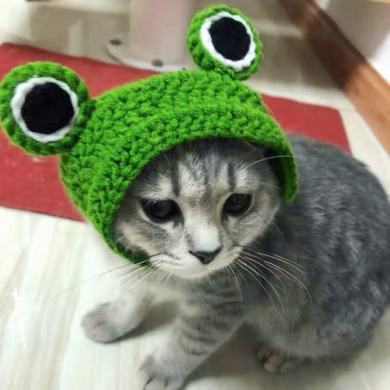 KFX-1567165 Green Plush Knitted Pet Hat for Spring and Summer, Adjustable Size for Small to Medium Pets