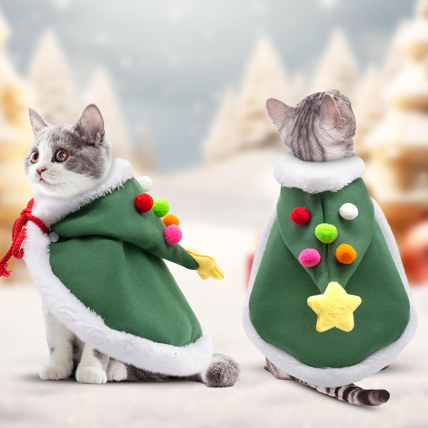KFX-1567933 Cat Christmas Cape with Velvet Stars and Matching Hat for Pet Holiday Costume