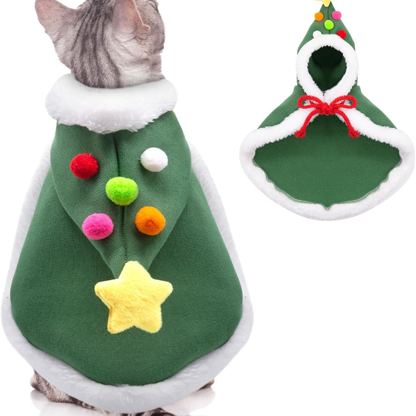 KFX-1567933 Cat Christmas Cape with Velvet Stars and Matching Hat for Pet Holiday Costume