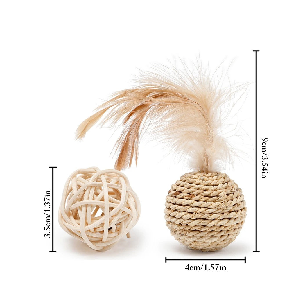 KFX-1569597 Interactive Rattan Ball Cat Toy Set with Faux Feather & Bell - 2pcs