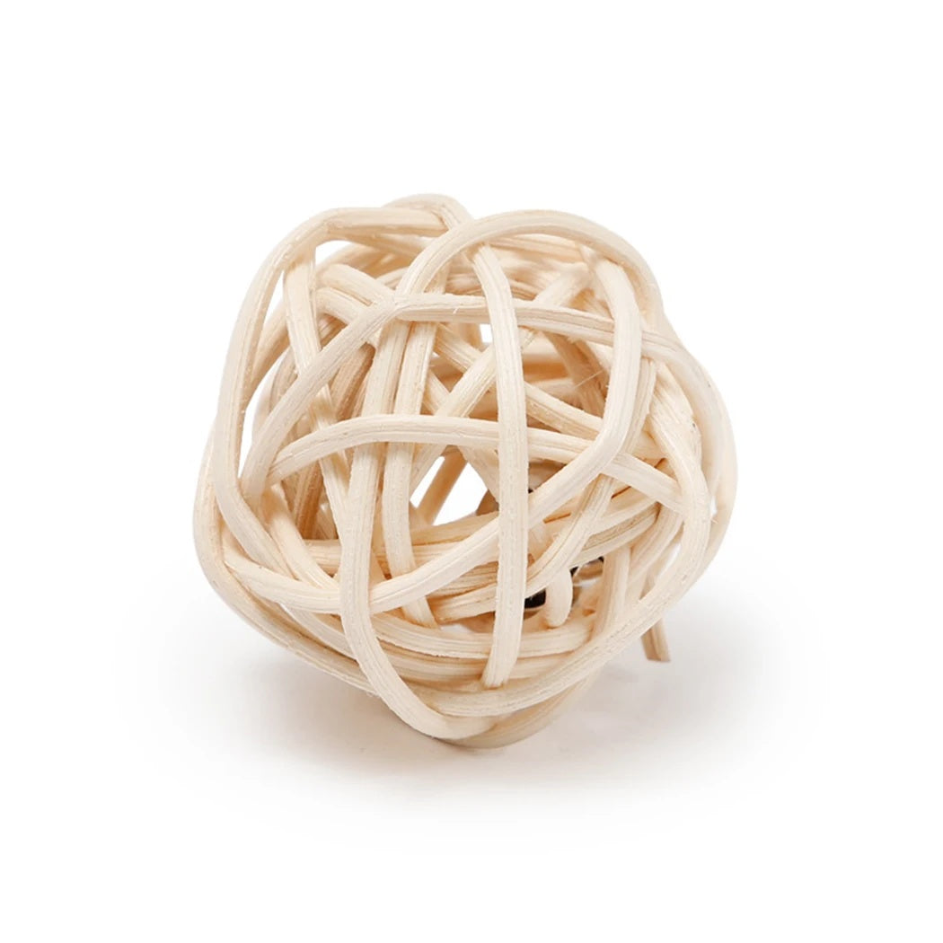 KFX-1569597 Interactive Rattan Ball Cat Toy Set with Faux Feather & Bell - 2pcs