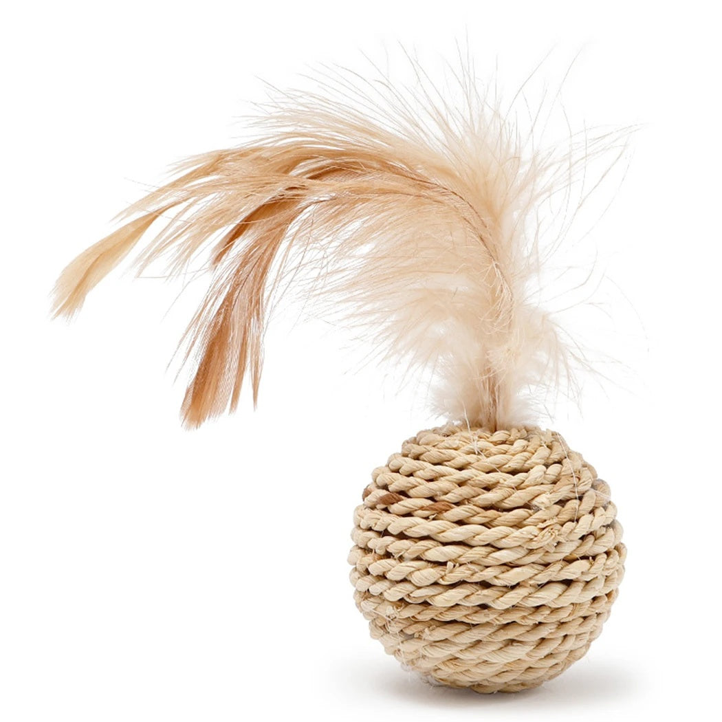KFX-1569597 Interactive Rattan Ball Cat Toy Set with Faux Feather & Bell - 2pcs