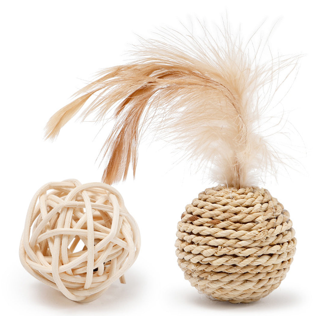 KFX-1569597 Interactive Rattan Ball Cat Toy Set with Faux Feather & Bell - 2pcs