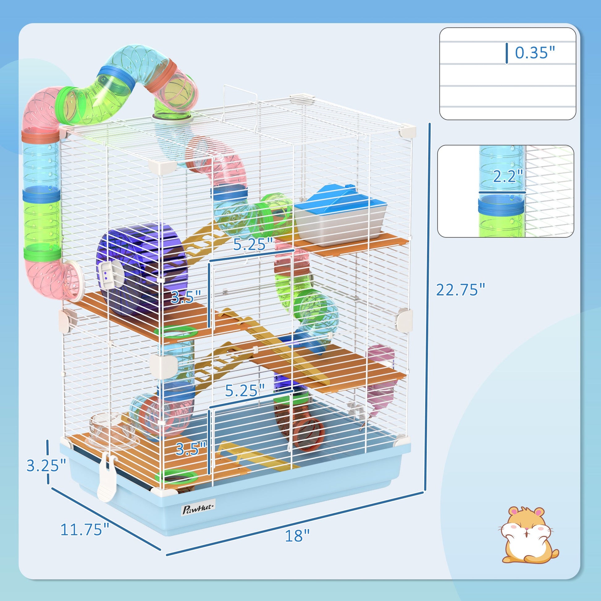 KFX-1571773 5-Tier Hamster Cage with Tubes, Exercise Wheel, and Accessories - Portable, Light Blue