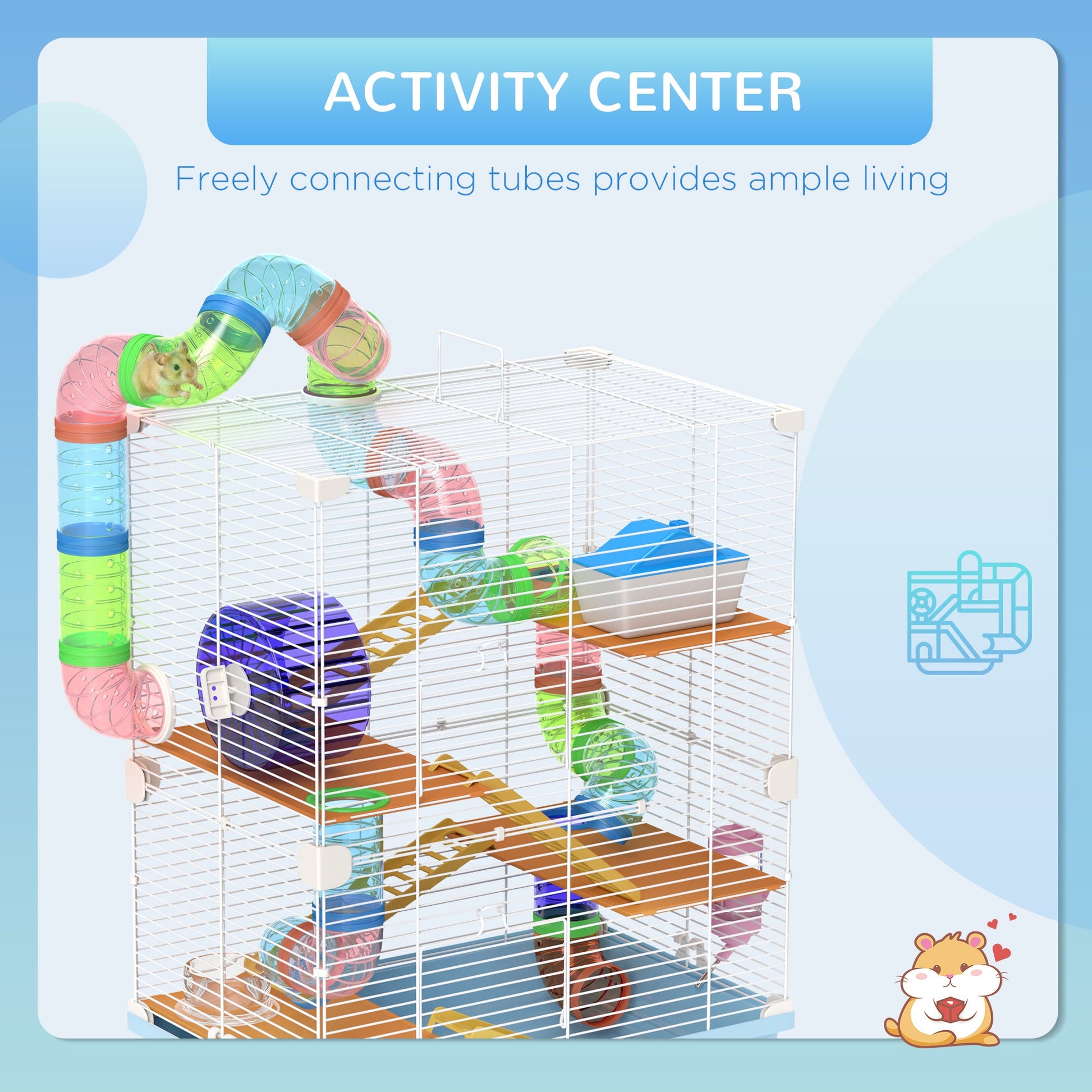 KFX-1571773 5-Tier Hamster Cage with Tubes, Exercise Wheel, and Accessories - Portable, Light Blue