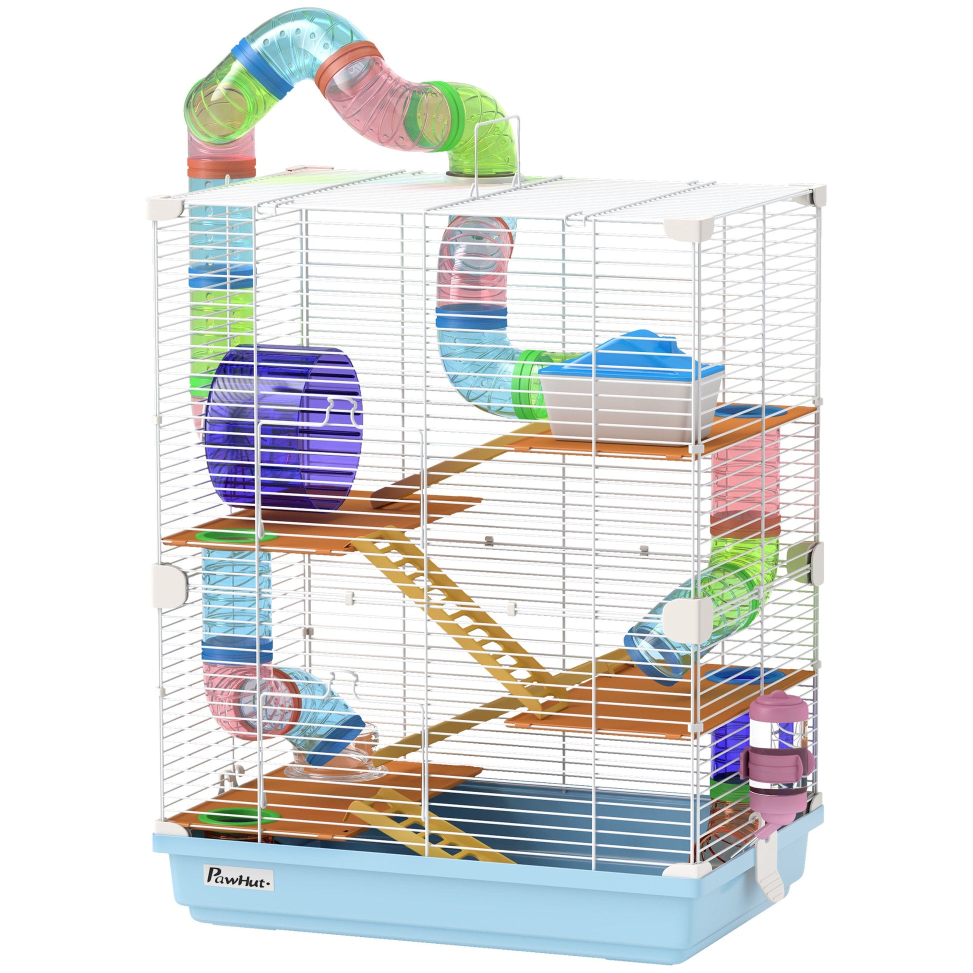 KFX-1571773 5-Tier Hamster Cage with Tubes, Exercise Wheel, and Accessories - Portable, Light Blue
