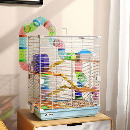 KFX-1571773 5-Tier Hamster Cage with Tubes, Exercise Wheel, and Accessories - Portable, Light Blue