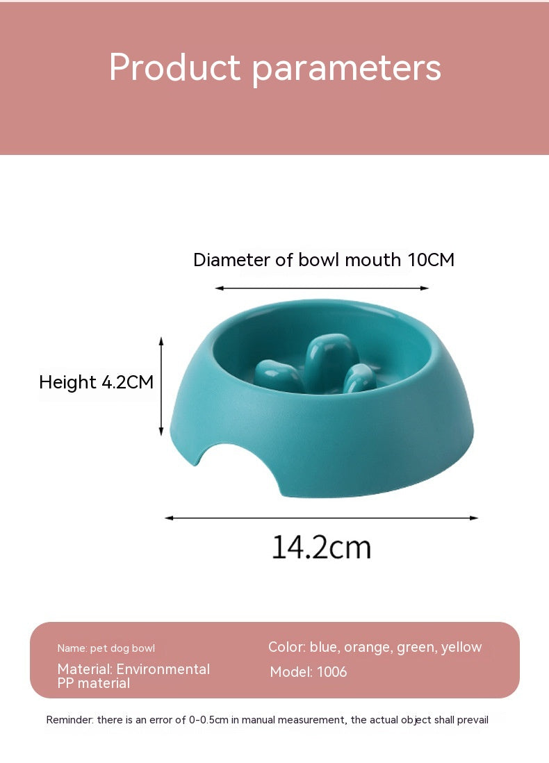 KFX-1574077 Pet Dog Slow Food Bowl Feeder - 14.2cm Diameter, Colors: Yellow, Orange, Blue, Green, Plastic