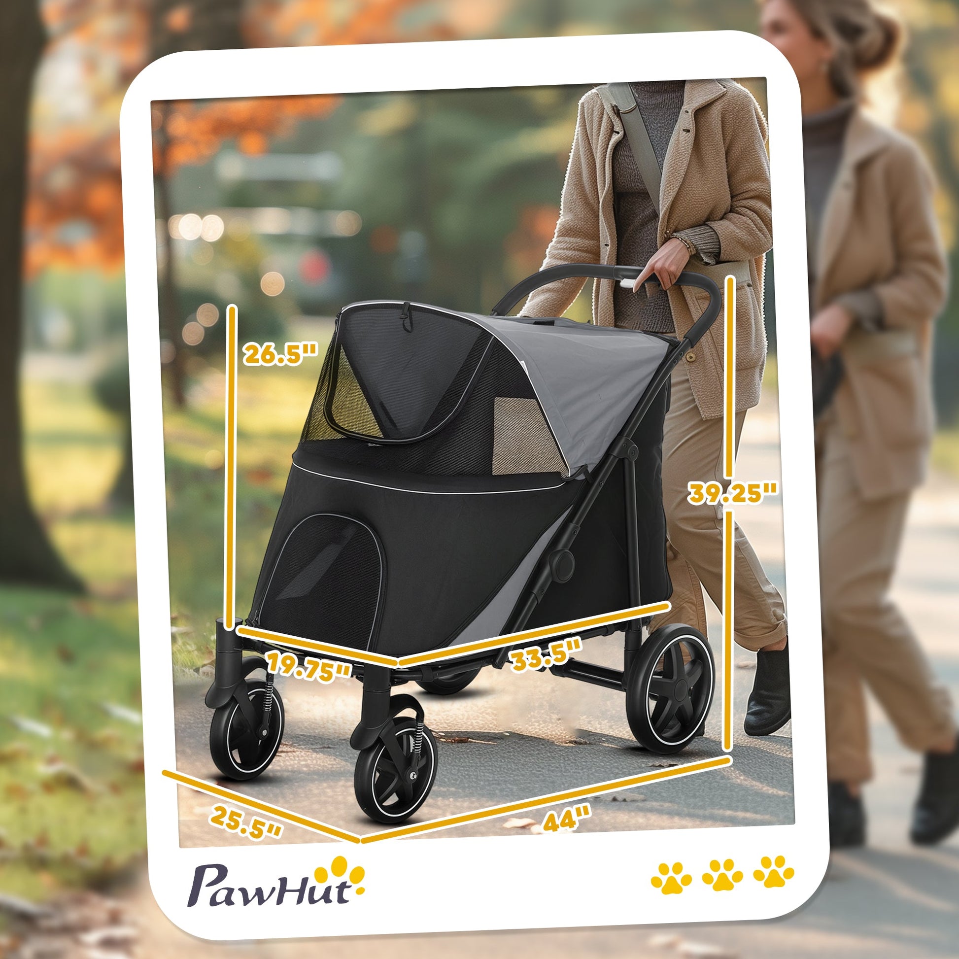 KFX-1579325 Dog Stroller for Medium to Large Pets, Foldable, Shock Absorbing with Storage Pockets, Safety Features, Gray